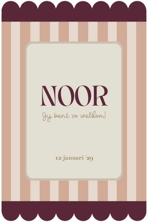 Geboortekaartje meisje met golfjes rand in paars en roze strepen