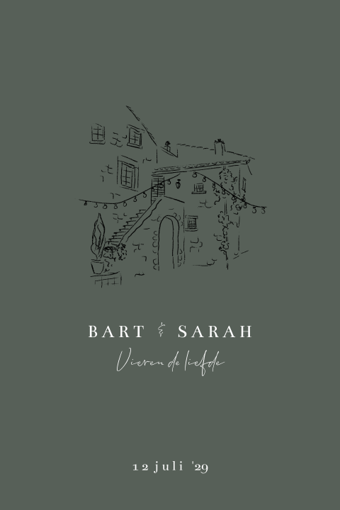 Trouwkaart met lijntekening trouwlocatie toscaanse stijl