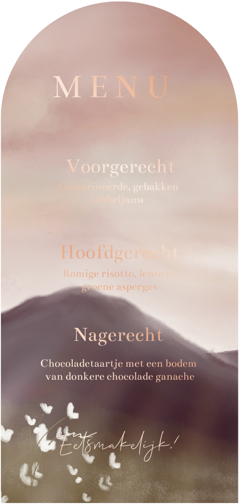 Boogkaart menukaart bergen zonsopkomst liefwoord