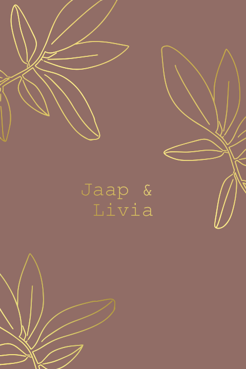 Trouwkaart met bladeren in goudfolie en roestbruine achtergrond