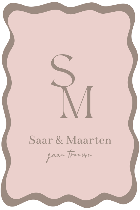 Trouwkaart met organische vormen en initialen roze en bruin