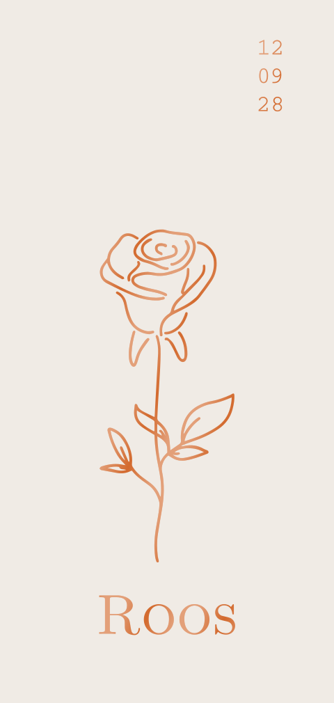 Geboortekaartje meisje geboortebloem juni roos beige koperfolie