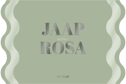 Trouwkaart met golvende randen met olijf groen en UV spotlak