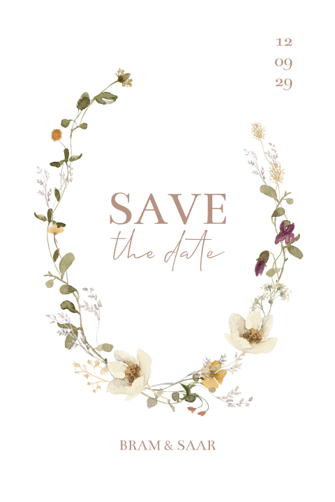 Save the date kaart botanisch met veldbloemen watercolour krans