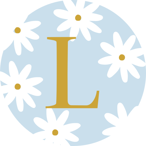 Sluitsticker enveloppe madeliefjes bloemen wit blauw oker initialen