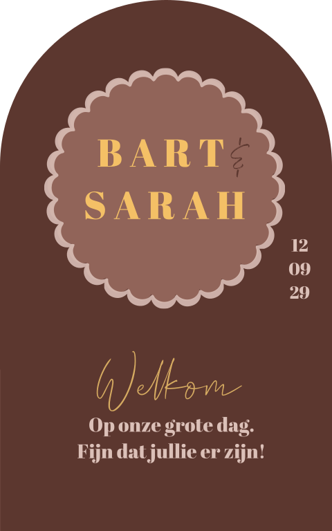 Welkomstbord voor op de bruiloft bruin rood roze koekjesvorm