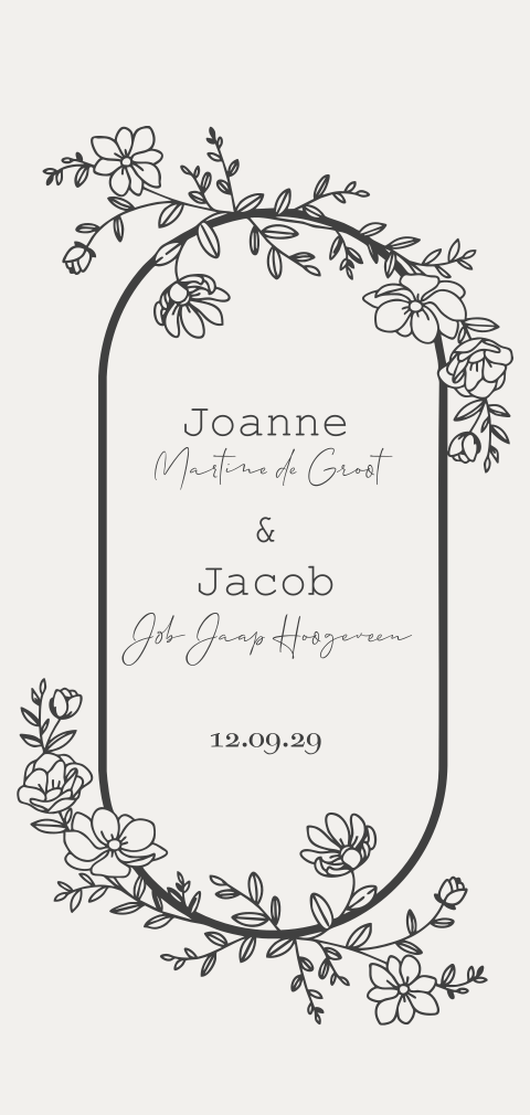 Klassieke trouwkaart met getekende bloemen zwart wit beige