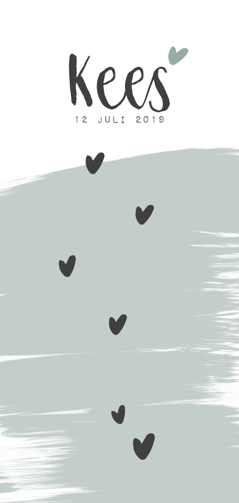 Stoer geboortekaartje met hartjesregen en blauwe verfstrepen