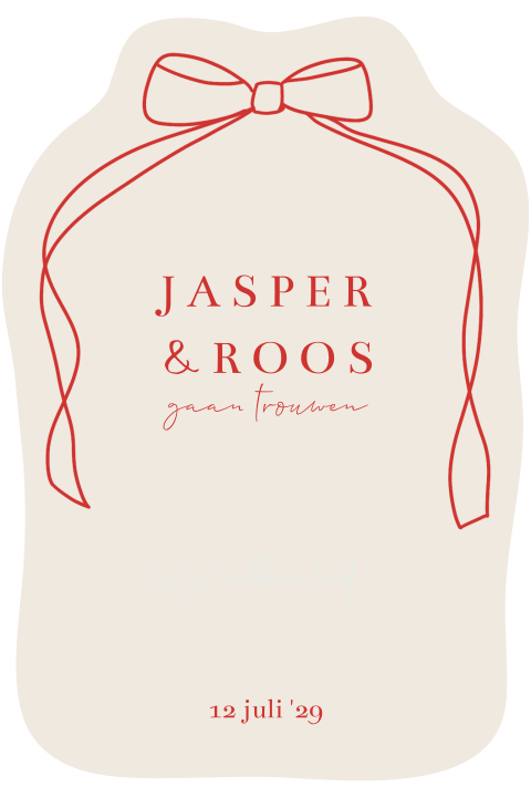 Trouwkaart met rode strik erop in de vorm van een strik roze