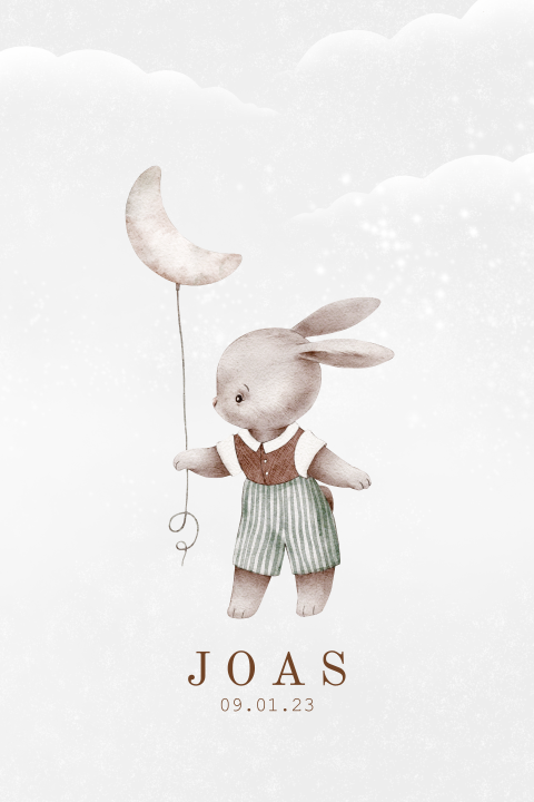 geboortekaartje jongen meisje watercolour konijntje retro maan