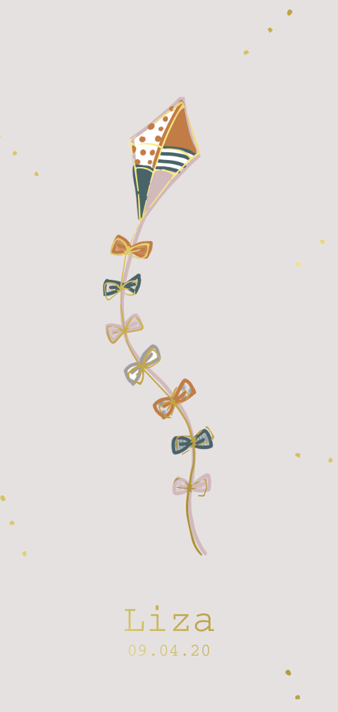 Geboortekaartje met vlieger met goudfolie voor een meisje