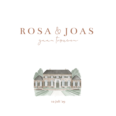 Trouwkaart met watercolour tekening Dudok in het park minimalistisch