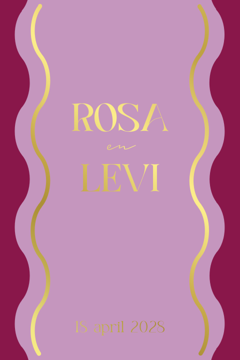 Fleurige trouwkaart met roze en paars en goudfolie golvende rand