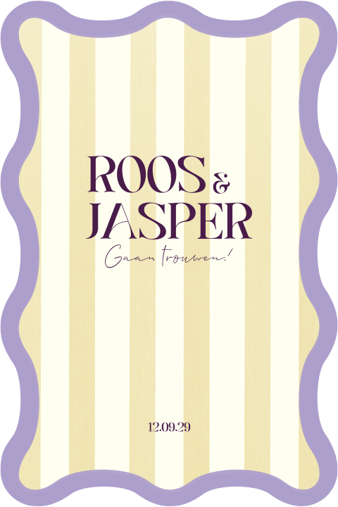 Trouwkaart met gele streepjes in combi met aubergine en lila