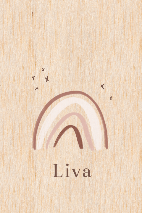 Houten geboortekaartje meisje met regenboog roze