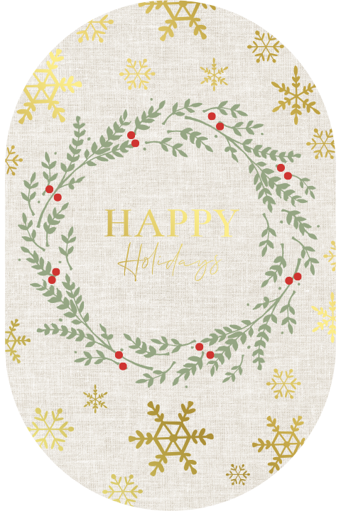 Wenskaart linnen en goudfolie met de tekst Happy holidays