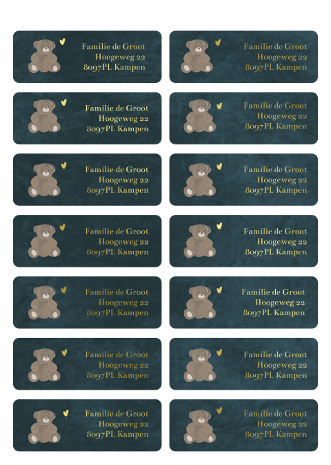 Adresstickers geboortekaartje beertje donkerblauw en goudfolie