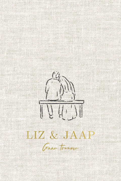 Trouwkaart linnen achtergrond met lijntekening op bankje goudfolie