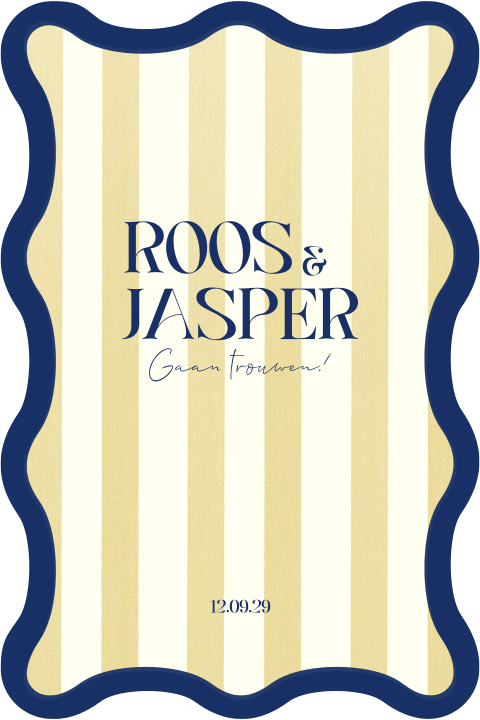 Trouwkaart met organische ronde vormen gele strepen en blauw