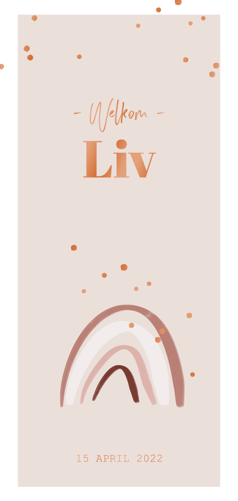 Geboortekaartje voor een meisje met oudroze regenboog en koperfolie