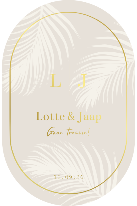 Trouwkaart ovalen vorm met foliedruk beige en palmtakken