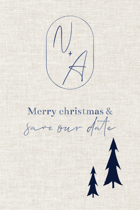 Kerstkaart save the date blauwe lakfolie kerstboom logo