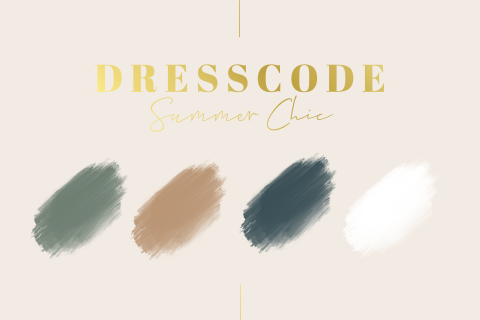 Dresscode kaartje beige neutrale en groene tinten gasten op bruiloft