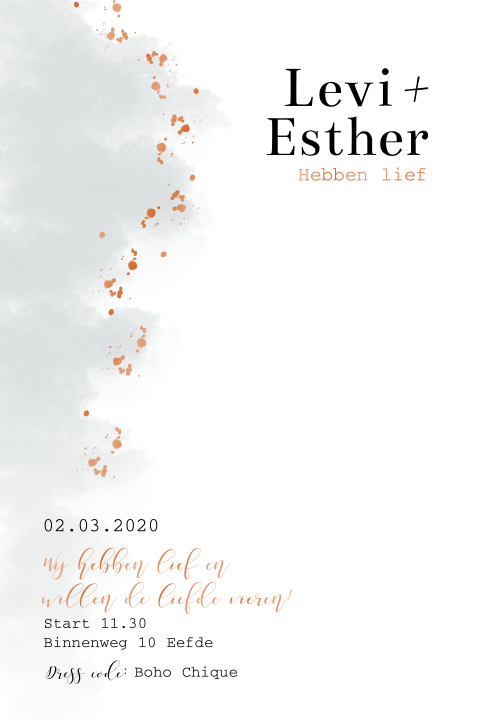 Trouwkaart met blauwe wolken en koperfolie spetters