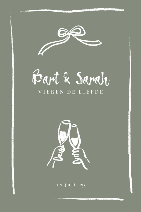 Trouwkaart met wijn doodles en strikje in olijfkleur champagne