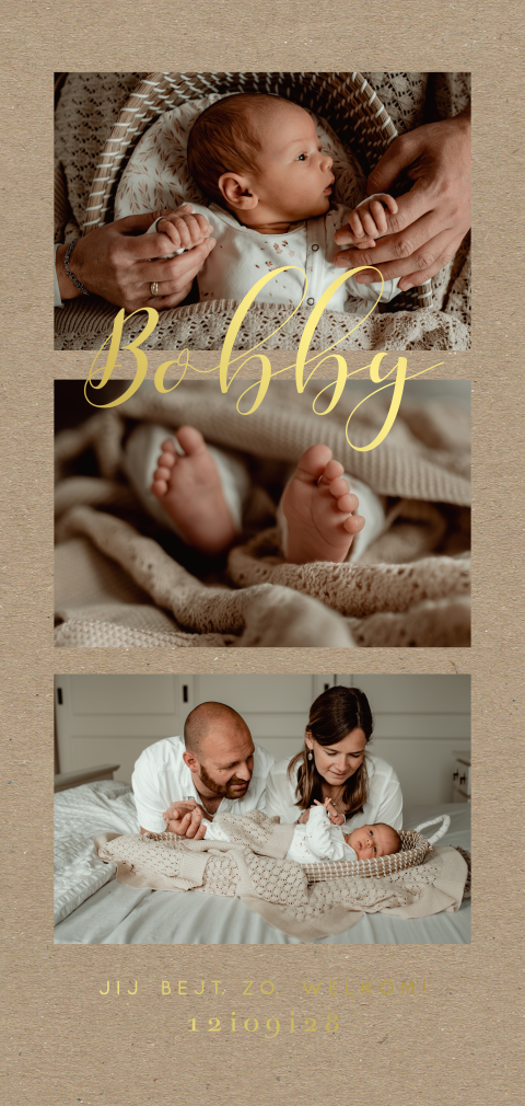 Geboortekaartje jongen meisje newborn fotos goudfolie kraft look