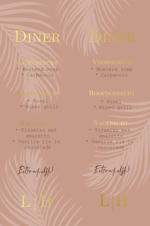 Menukaart met palmboom bladeren oranje roze en goudfolie
