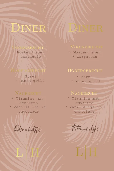 Menukaart met palmboom bladeren oranje roze en goudfolie