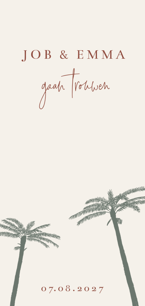 Trouwkaart beige met groene palmbomen