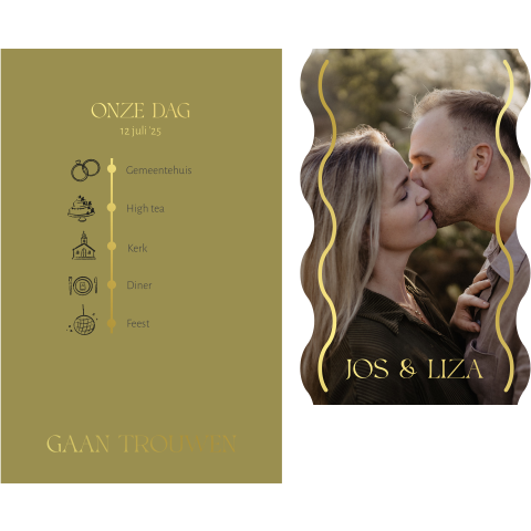 Trouwkaart met losse labels met golfjes groen en goudfolie