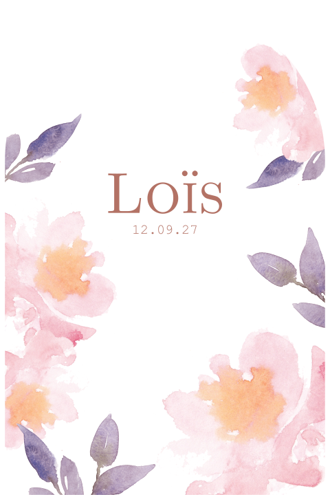 Geboortekaartje meisje kerkraam vorm watercolour roze paarse bloemen