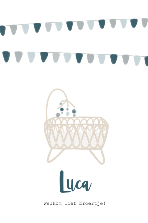 Poster met retro rotan wiegje en blauwe vlaggetjes