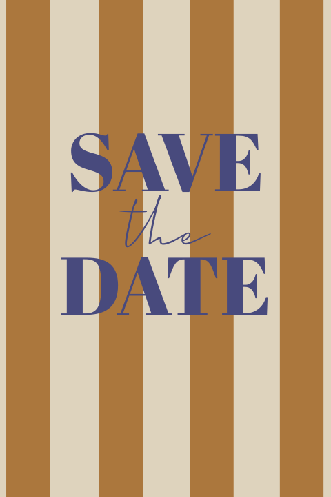 Save the date kaart oranje strepen met donkerblauw en roze
