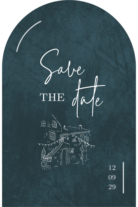 Save the date kaart met de lijntekening van de  trouwlocatie