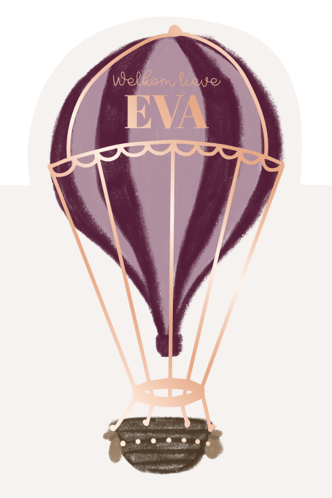 Geboortekaartje meisje luchtballon paars roze en foliedruk