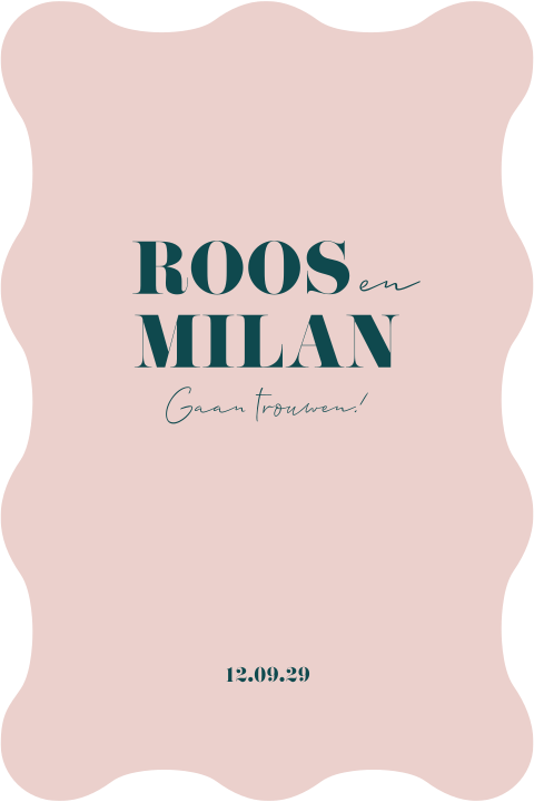 Trouwkaart golvende vorm met roze en groen blauwe kleuren