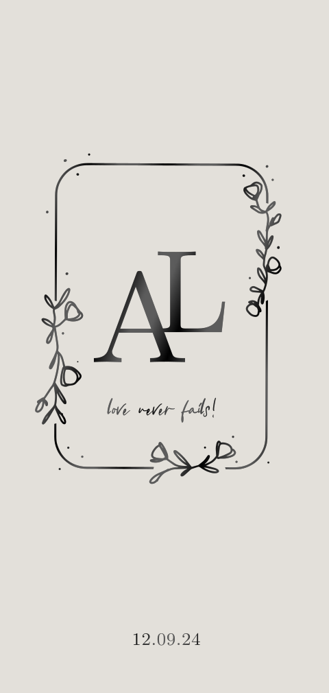 Trouwkaart met initialen bloemenkrans en lak foliedruk