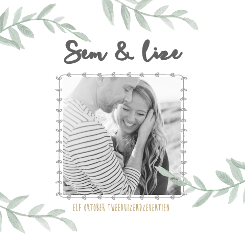 Trouwkaart met watercolor takjes en foto