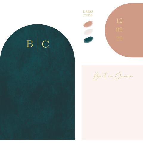 Trouwkaart stapelset groen zalm roze goudfolie losse kaarten dresscode