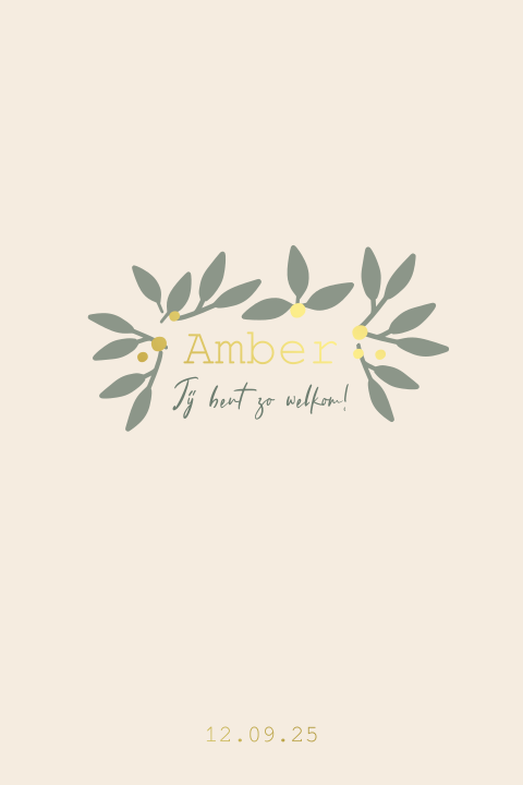 Lief geboortekaartje meisje groene takjes en besjes tekst foliedruk