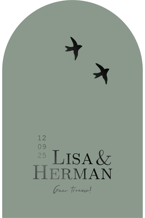 Trouwkaart kerkraam vorm met groen en lakfolie en zwaluwen