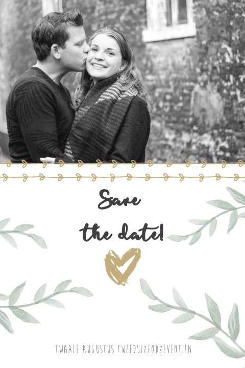 Save the date kaart met foto en watercolor takjes