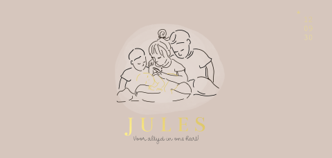 Rouwkaart voor baby met lijntekening gezin en baby goudfolie