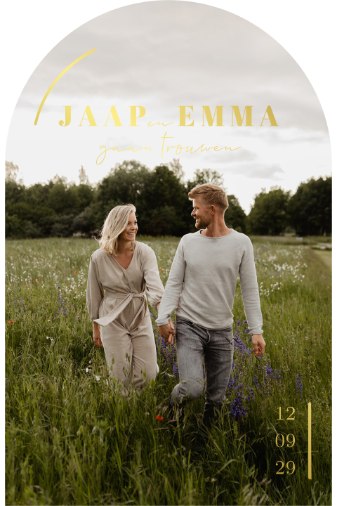 Trouwkaart met foto met goudfolie en tijdslijn icoontjes bruiloft