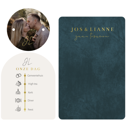 Trouwkaart dagprogramma goudfolie ronde foto en donkerblauw