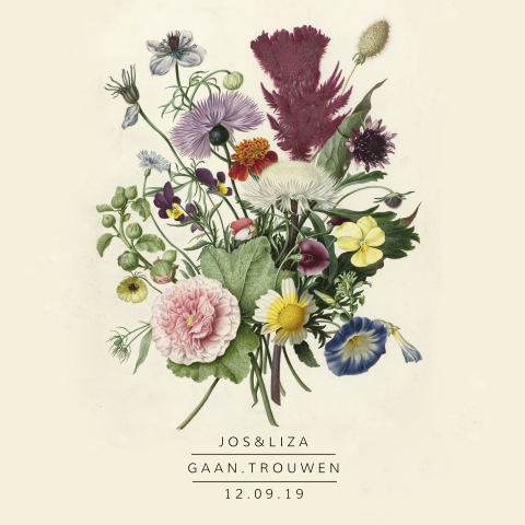Mooie bohemian trouwkaart met boeket